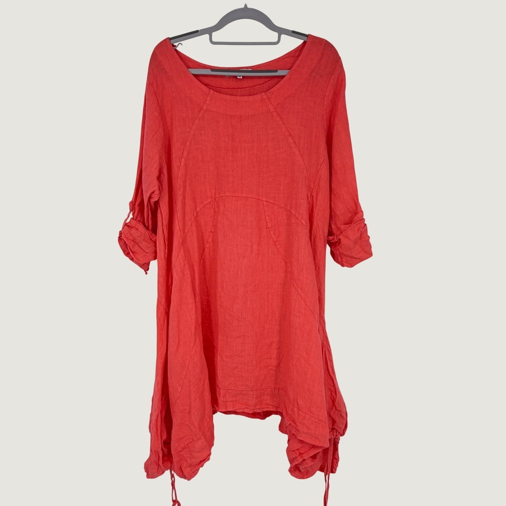 Linblanc 100% Linen Coral Pink Lagenlook Tunic Dress Size 42 Roll Tab Sleeve